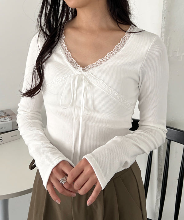 カップ付きレースリボンVネックアソートトップス | CL2253017 | ホワイト