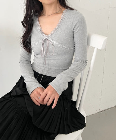 カップ付きレースリボンVネックアソートトップス | CL2253017 | グレー