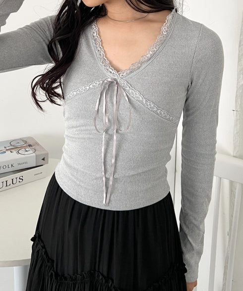 カップ付きレースリボンVネックアソートトップス | CL2253017 | グレー