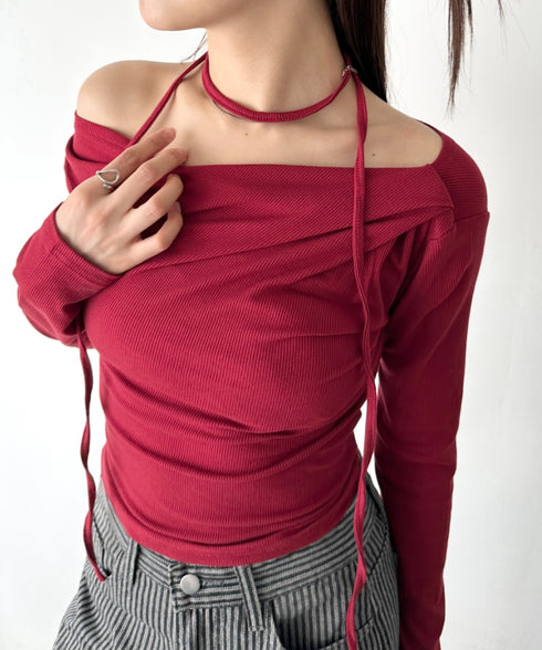 ドレープオフショル長袖トップス | BA2253011 | レッド