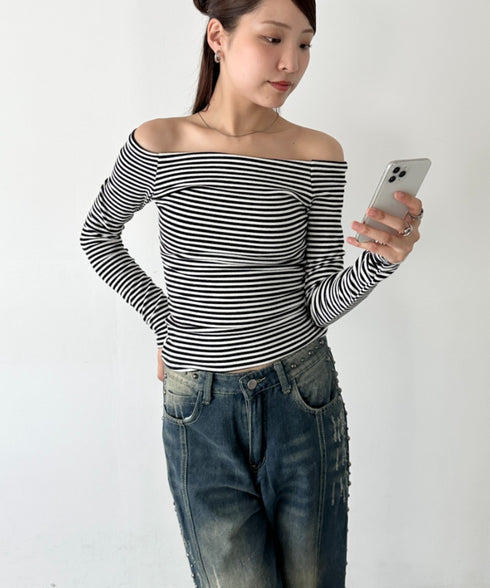 オフショルボーダーコンパクトトップス | BA2253012 | ブラック