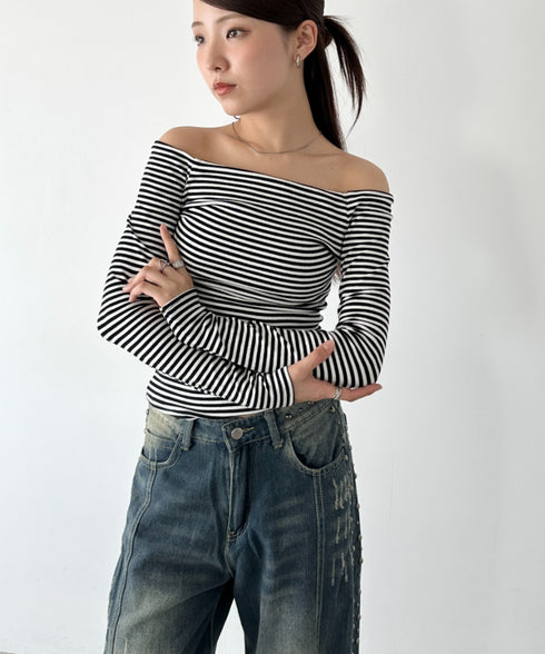 オフショルボーダーコンパクトトップス | BA2253012 | ブラック