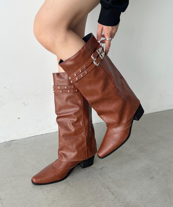 スタッズダブルベルトカバーロングブーツ | BA3256019 | ブラウン