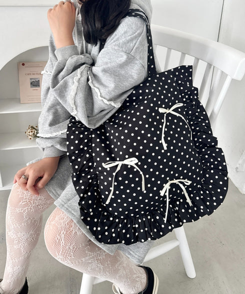 【リボン取り外し可能】ドットフリルトートバッグ | SL1256079 | ブラック