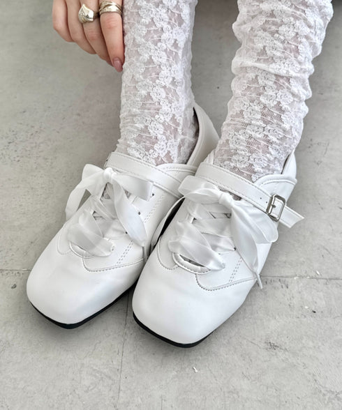 サテンリボンレースアップフラットシューズ | SL3256081 | ホワイト