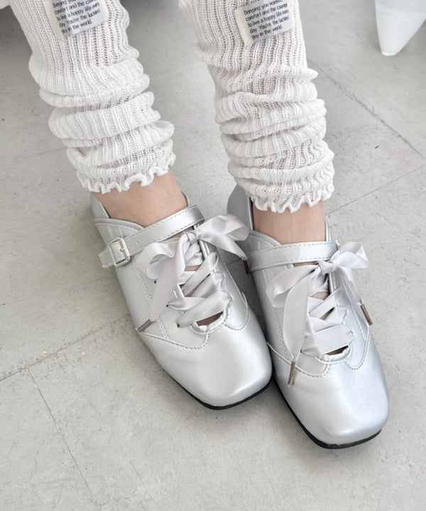 サテンリボンレースアップフラットシューズ | SL3256081 | シルバー