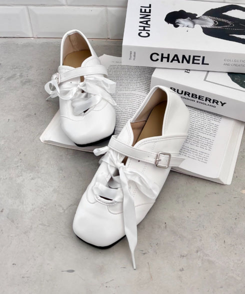 サテンリボンレースアップフラットシューズ | SL3256081 | ホワイト