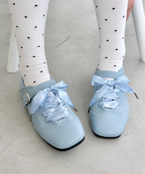 サテンリボンレースアップフラットシューズ | SL3256081 | ライトブルー