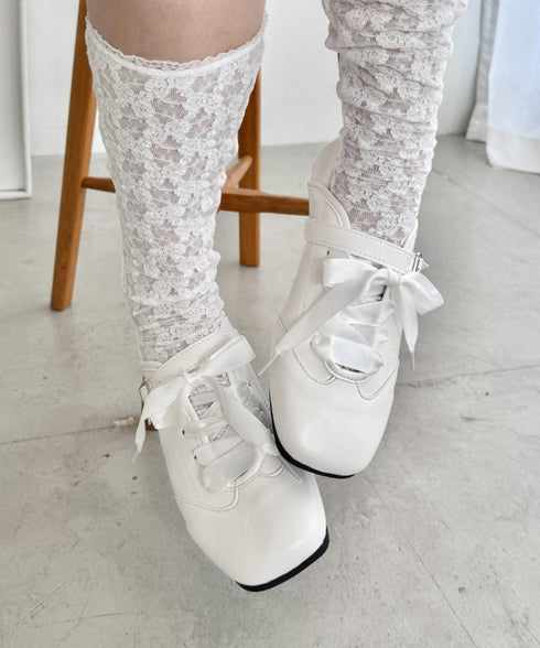 サテンリボンレースアップフラットシューズ | SL3256081 | ホワイト