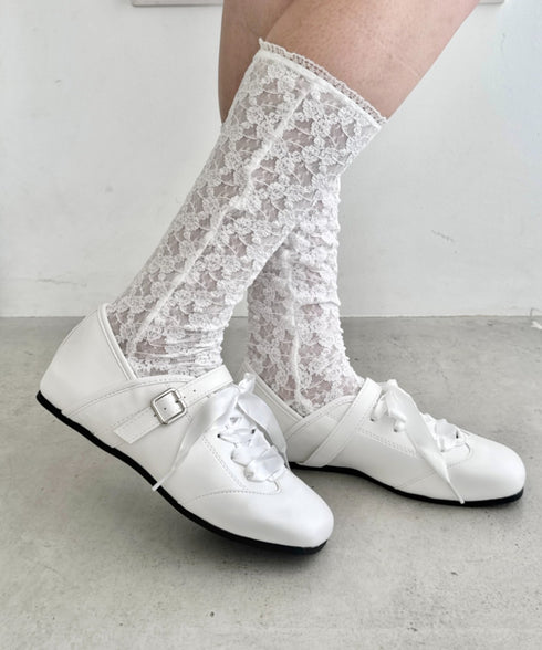 サテンリボンレースアップフラットシューズ | SL3256081 | ホワイト