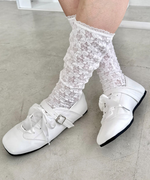 サテンリボンレースアップフラットシューズ | SL3256081 | ホワイト