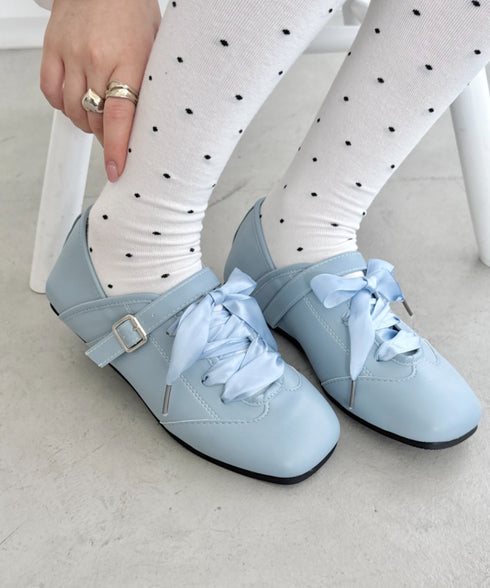 サテンリボンレースアップフラットシューズ | SL3256081 | ライトブルー