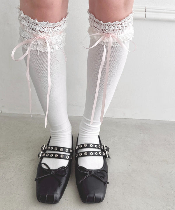 リボン通しトーションレースハイソックス | LO6256039 | ピンク