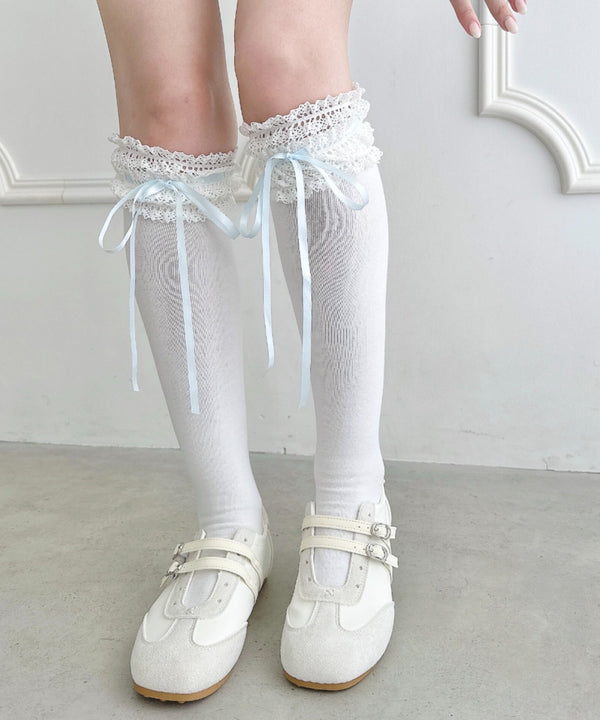 リボン通しトーションレースハイソックス | LO6256039 | ライトブルー