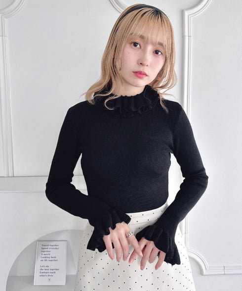 【5色展開】フリルハイネックリブニットトップス | LO2256042 | ブラック