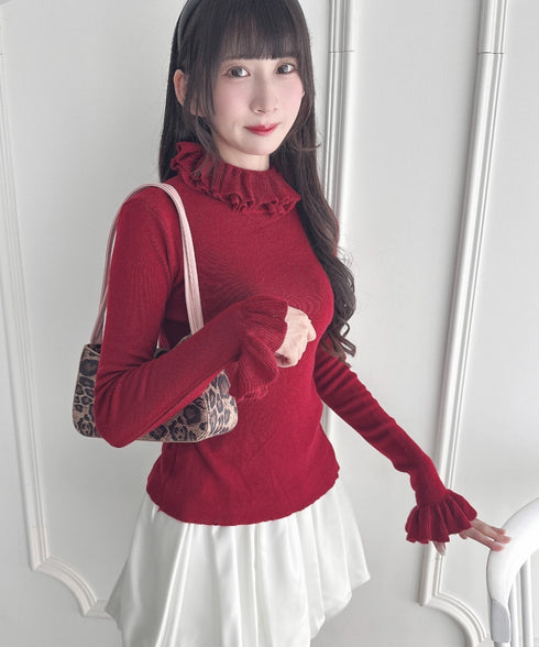 【5色展開】フリルハイネックリブニットトップス | LO2256042 | レッド