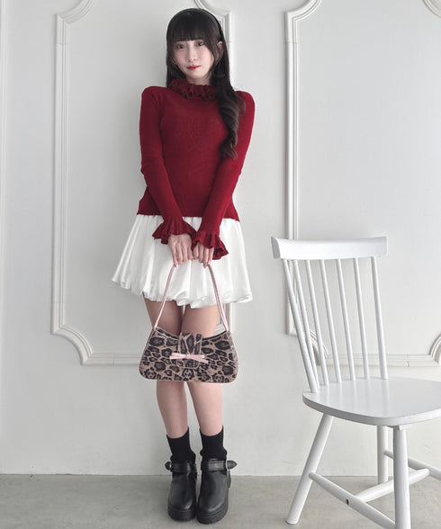 【5色展開】フリルハイネックリブニットトップス | LO2256042 | レッド