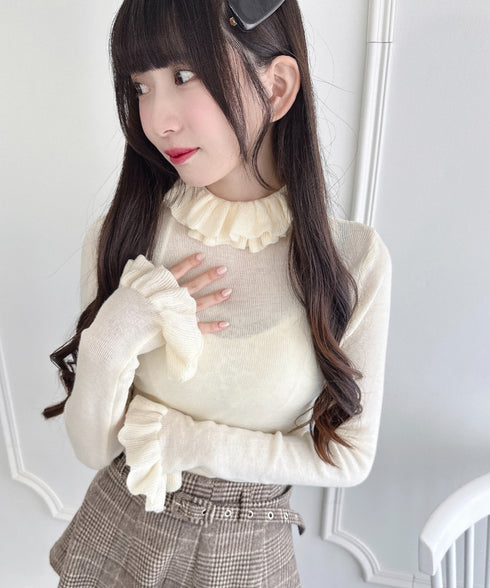 【5色展開】フリルハイネックリブニットトップス | LO2256042 | アイボリー