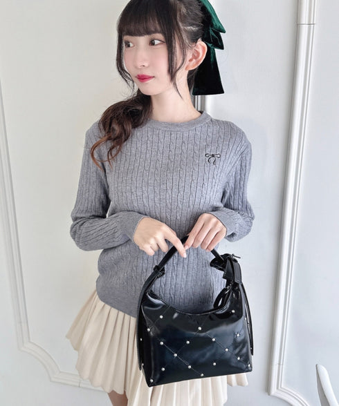 リボン刺繍ケーブルニットトップス | LO2256043 | グレー
