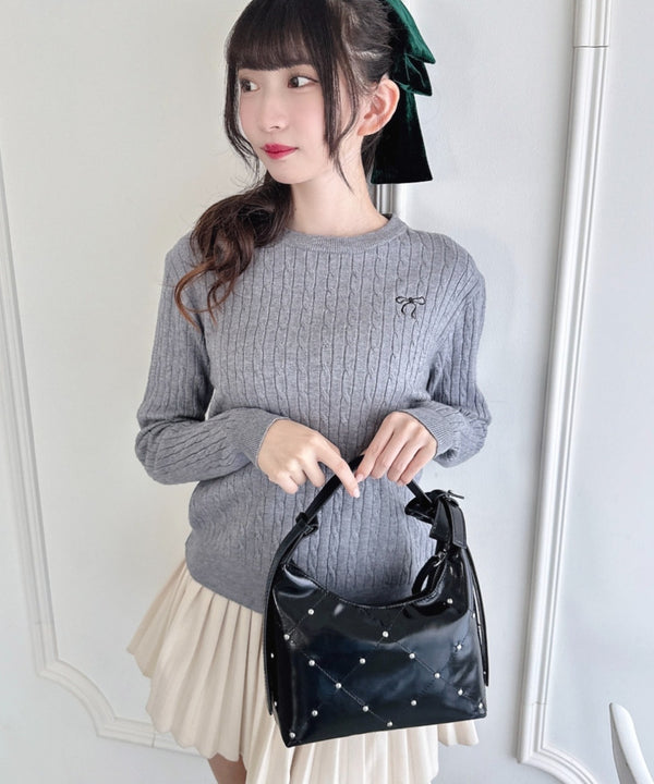 リボン刺繍ケーブルニットトップス | LO2256043 | グレー