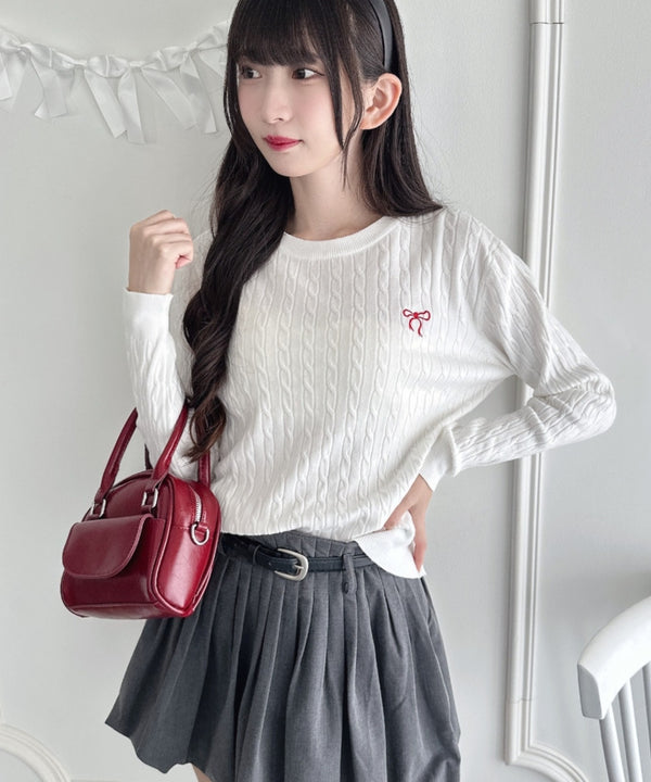 リボン刺繍ケーブルニットトップス | LO2256043 | オフホワイト