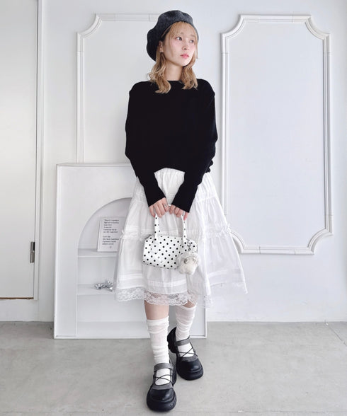 リボン刺繍ケーブルニットトップス | LO2256043 | ブラック