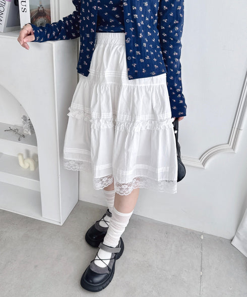 コットンフリルレースミディスカート | LO2256044 | ホワイト