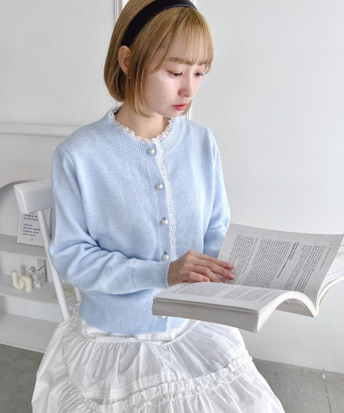 パールボタンレーストリムカーディガン | LO2256045 | ライトブルー