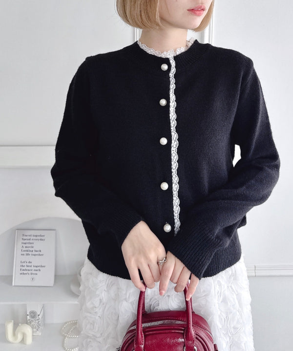 パールボタンレーストリムカーディガン | LO2256045 | ブラック