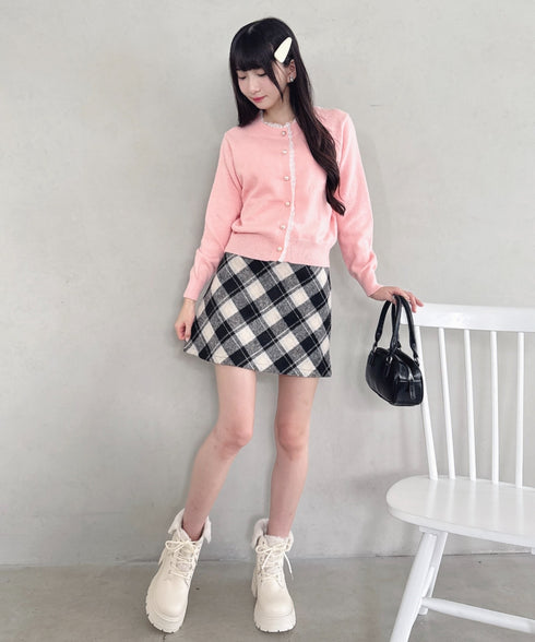 パールボタンレーストリムカーディガン | LO2256045 | ピンク