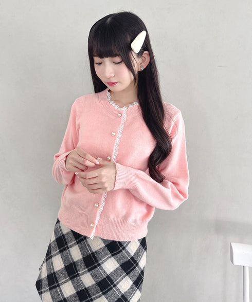 パールボタンレーストリムカーディガン | LO2256045 | ピンク
