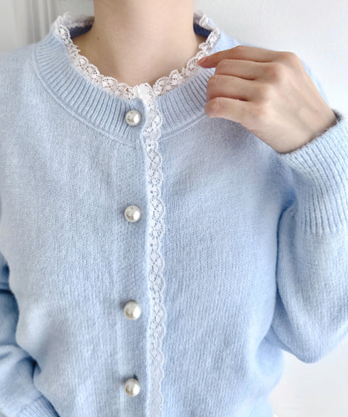 パールボタンレーストリムカーディガン | LO2256045 | ライトブルー