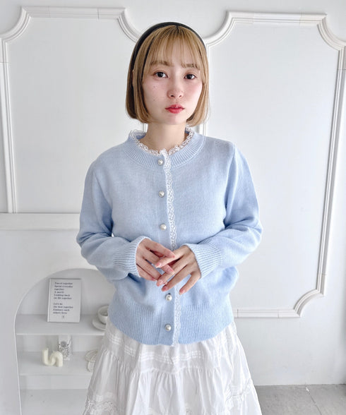 パールボタンレーストリムカーディガン | LO2256045 | ライトブルー