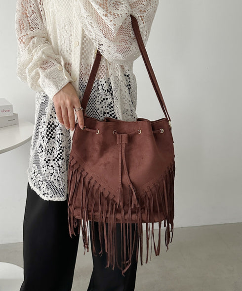 フェイクスエードフリンジ巾着バッグ | CL1256027 | ブラウン