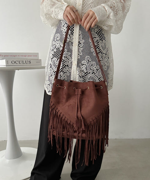 フェイクスエードフリンジ巾着バッグ | CL1256027 | ブラウン