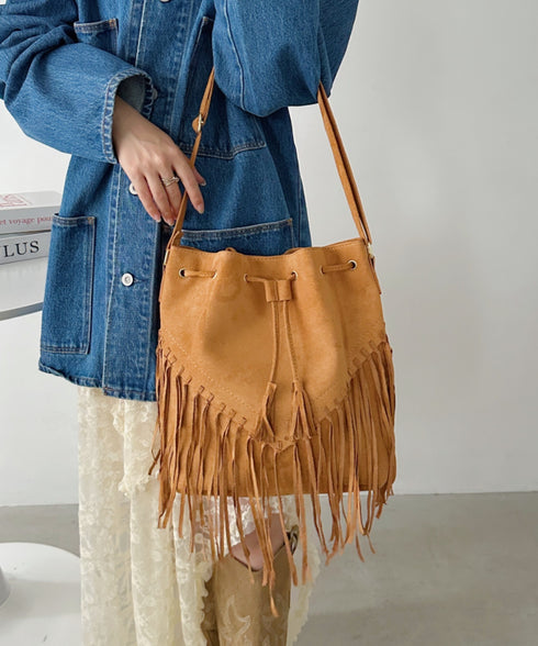 フェイクスエードフリンジ巾着バッグ | CL1256027 | キャメル