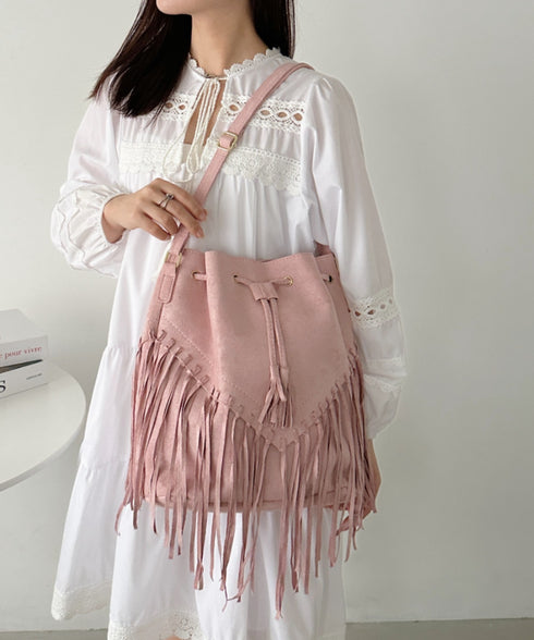 フェイクスエードフリンジ巾着バッグ | CL1256027 | ピンク