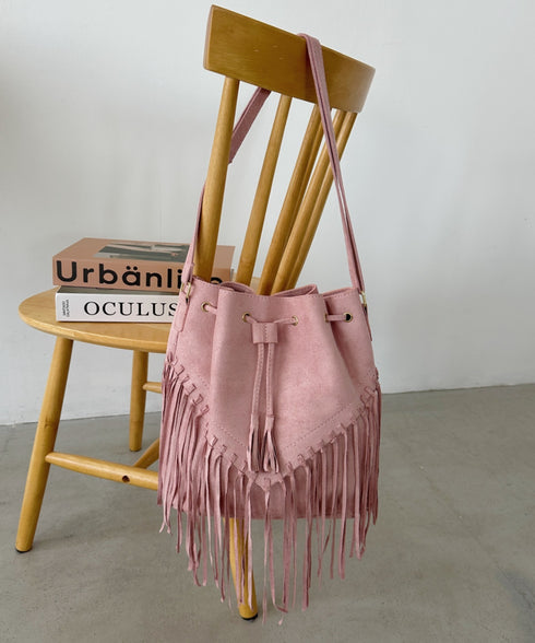 フェイクスエードフリンジ巾着バッグ | CL1256027 | ピンク