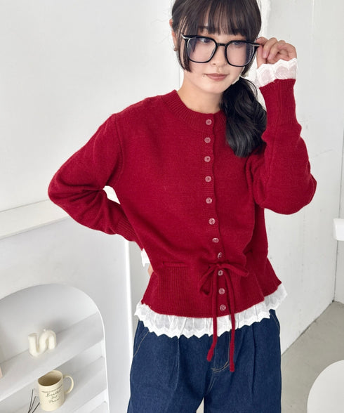 コットンレースリボンニットカーディガン | SL2256085 | レッド