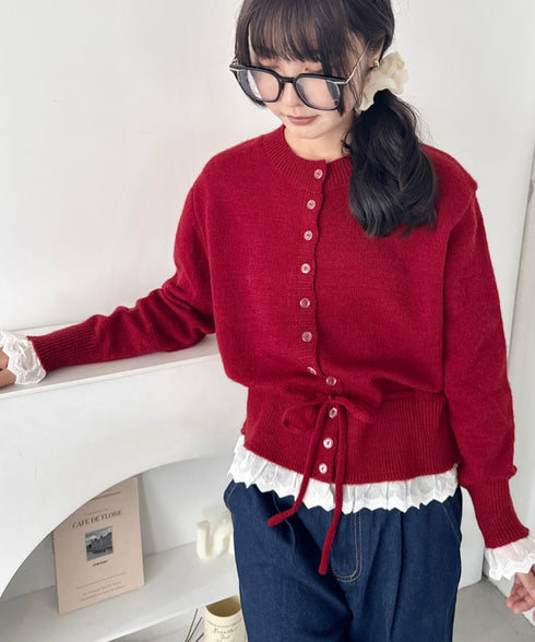 コットンレースリボンニットカーディガン | SL2256085 | レッド