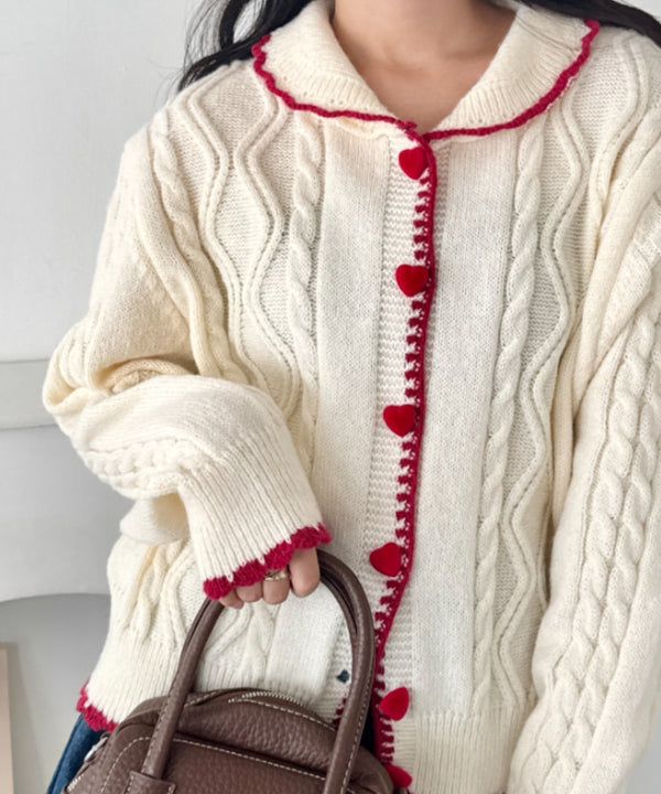ハートボタンバイカラーケーブルニットカーディガン | SL2256093 | アイボリー