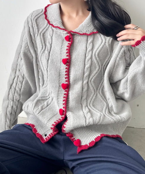 ハートボタンバイカラーケーブルニットカーディガン | SL2256093 | グレー