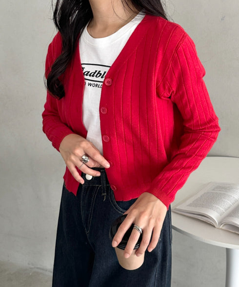 Vネックリブニットカーディガン | CL2253022 | レッド