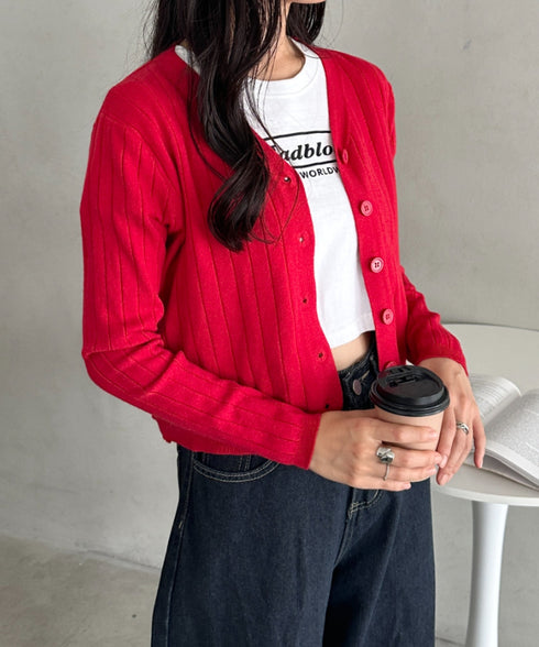 Vネックリブニットカーディガン | CL2253022 | レッド