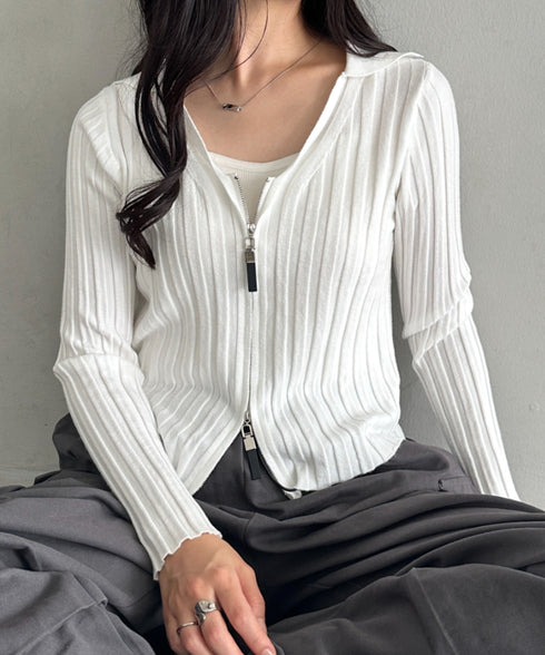 ダブルジップリブVネックトップス | CL2253024 | ホワイト