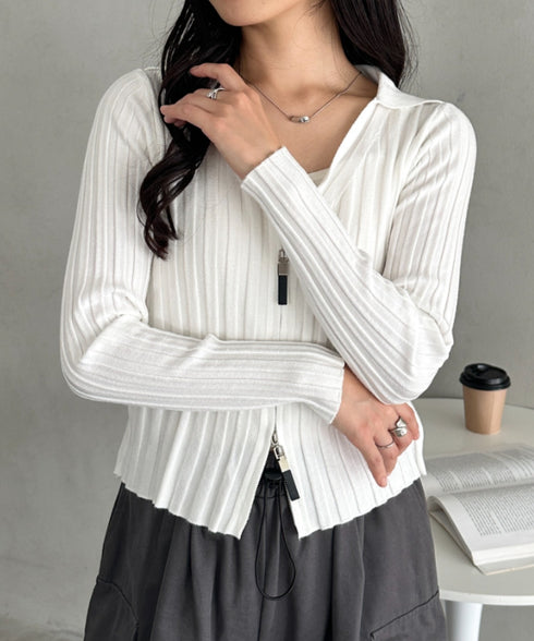 ダブルジップリブVネックトップス | CL2253024 | ホワイト