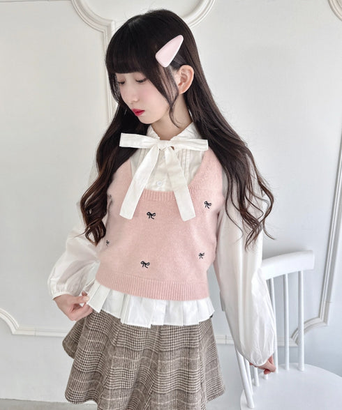 【2点SET】ボウタイブラウス+リボン刺繍ベスト | LO2256050 | ピンク