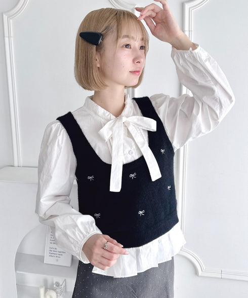 【2点SET】ボウタイブラウス+リボン刺繍ベスト | LO2256050 | ブラック