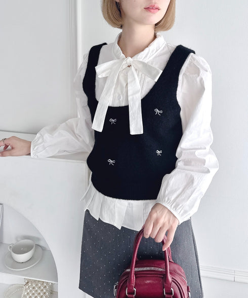 【2点SET】ボウタイブラウス+リボン刺繍ベスト | LO2256050 | ブラック