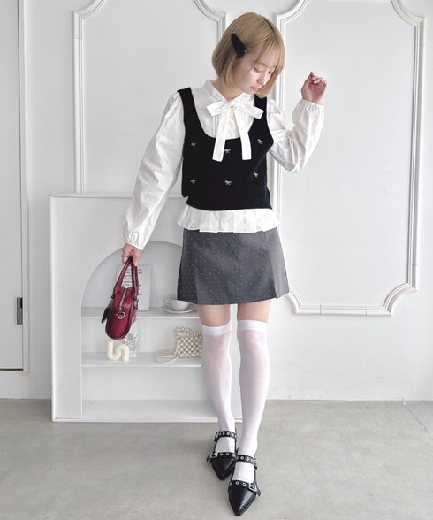 【2点SET】ボウタイブラウス+リボン刺繍ベスト | LO2256050 | ブラック